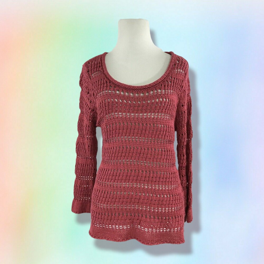 Soft Surroundings Sweater M Crochet 3/4 Sleeve beach Cover Up‎ Pink Coral